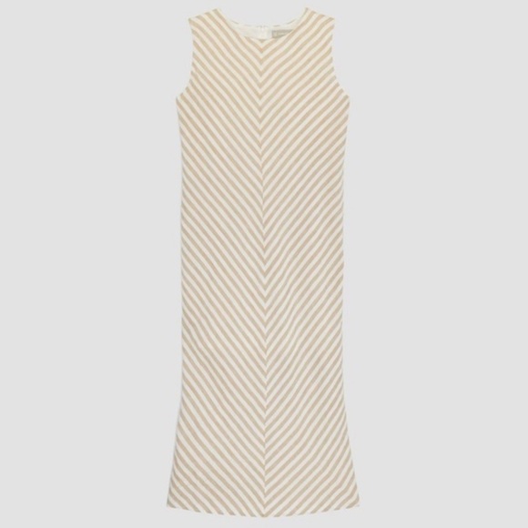 Everlane The Linen Bias Cut Dress Size 8 Striped Bone Caramel Ivory Beige Midi - Picture 3 of 9